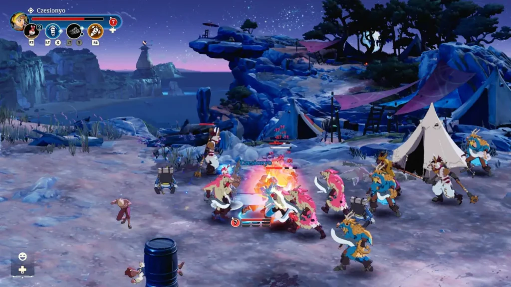 Zrzut ekranu z gry Towerborne. Główna postać walczy z hordami najemników.