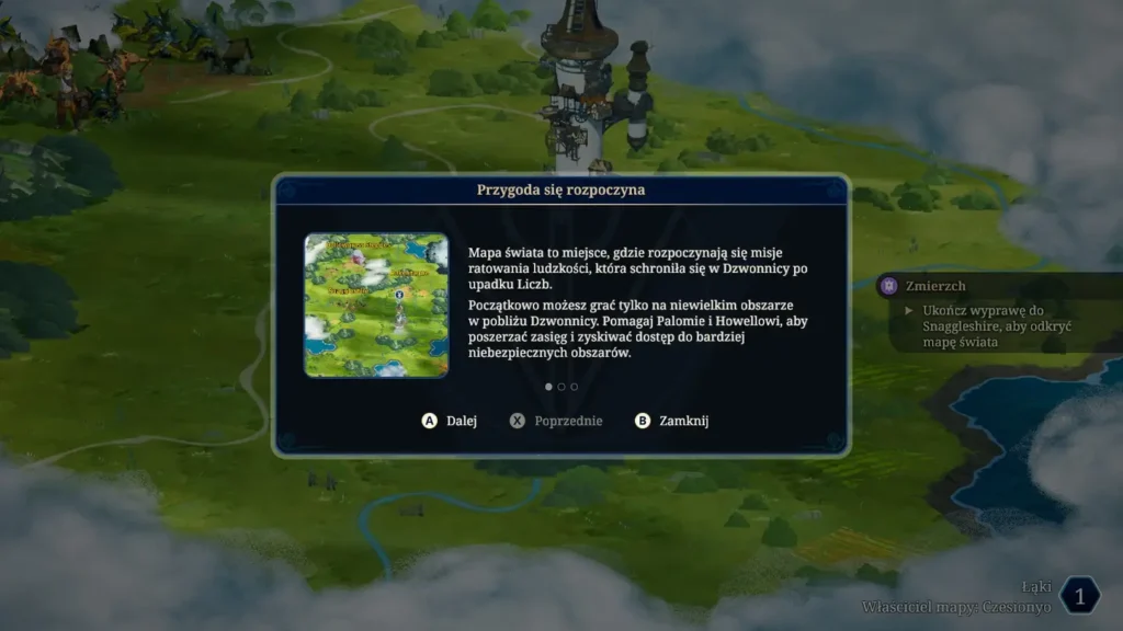 Zrzut ekranu z gry Towerborne. Ekran informujący o działaniu mapy świata.