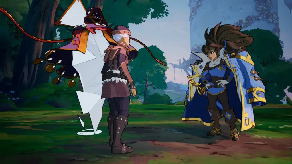 Zrzut ekranu z gry Towernborne. Postacie rozmawiają na tle lasu.