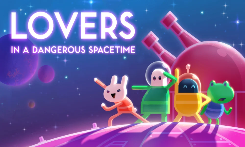 Kolorowa grafika promująca grę Lovers in a Dangerous Spacetime, przedstawiająca cztery stylizowane postacie stojące na planecie na tle kosmosu.