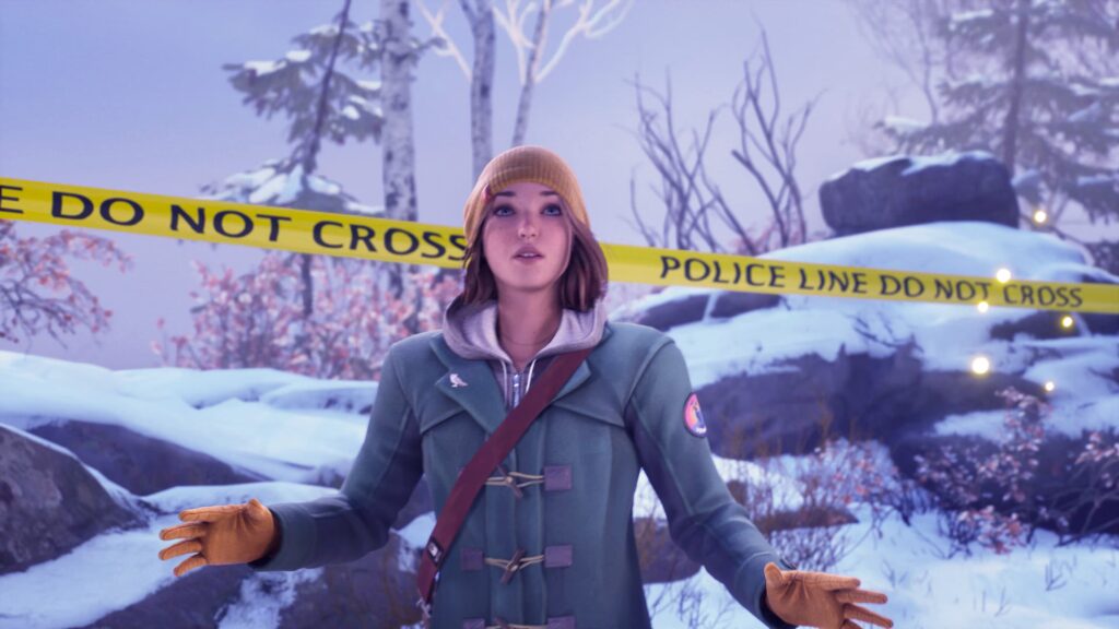 Scena z gry Life is Strange: Reunion, w której Max stoi na tle płonącego budynku, a za nią widać Chloe.
