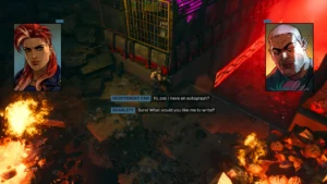 Dwa portrety, kobiety i mężczyzny, pomiędzy nimi dialog. Indifferent fan: Hi, can i have an autograph? Scarlett: Sure! What would you like me to write?