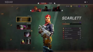 Ekran postaci Scarlett. Widać tu miejsce na broń, implant, wyposażenie, jej liczbę punktów umiejętnosci, poziom, doświadczenie i statystyki.