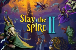 Grafika promocyjna gry Slay the Spire II przedstawiająca fantastyczne potwory i bohaterów unoszących się wokół tajemniczej wieży.