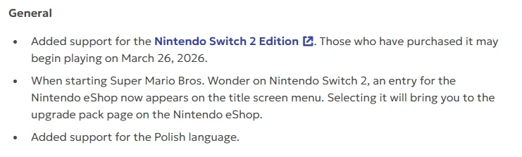 Fragment informacji o aktualizacji – dodano wsparcie dla Nintendo Switch 2 Edition oraz języka polskiego, wraz ze szczegółami dotyczącymi dostępu i integracji z Nintendo eShop