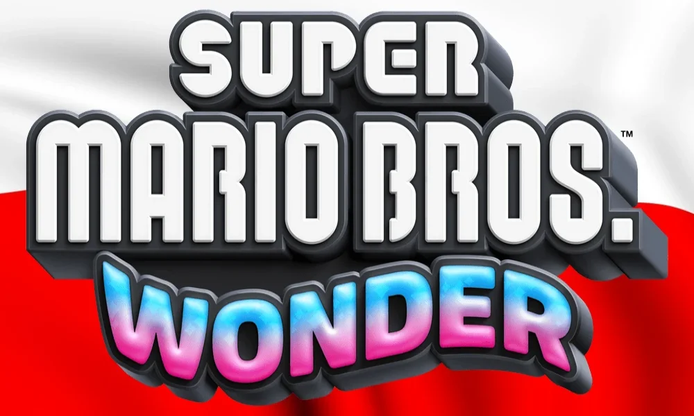 Logo Super Mario Bros. Wonder – kolorowy napis „Wonder” na tle klasycznego logo serii Mario, z czerwono-białym motywem w tle