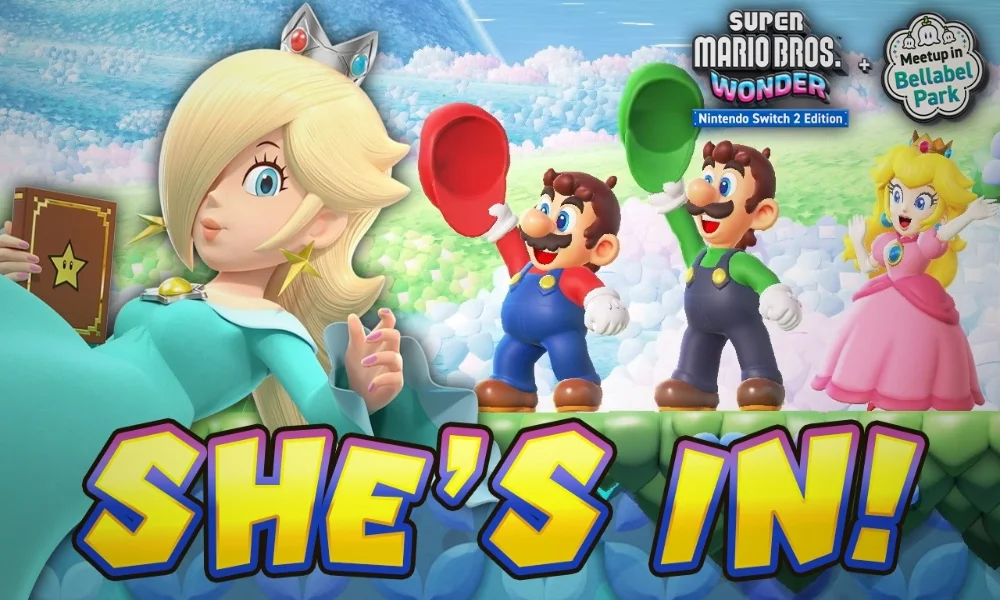 Rosalina dołącza do Super Mario Bros. Wonder – grafika promocyjna z bohaterką oraz postaciami Mario, Luigi i Peach, zapowiadająca nową zawartość i edycję na Nintendo Switch 2