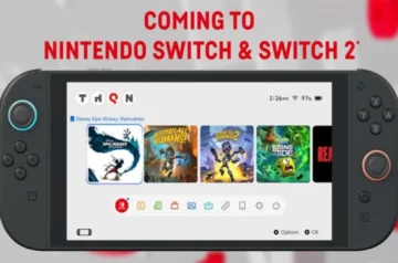 Ekran konsoli Nintendo Switch prezentujący zapowiedź czterech gier od THQ Nordic – Disney Epic Mickey: Rebrushed, Destroy All Humans!, Destroy All Humans! 2 – Reprobed oraz SpongeBob SquarePants: Titans of the Tide – z nagłówkiem informującym o premierach na Nintendo Switch i Switch 2.