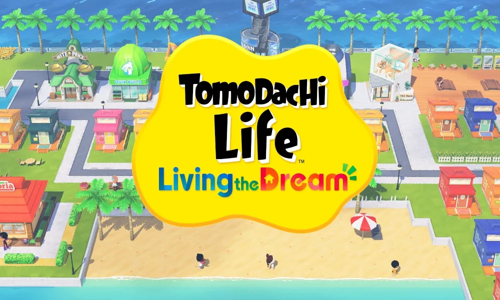 Tomodachi Life Living the Dream – widok wyspy z budynkami i postaciami Mii