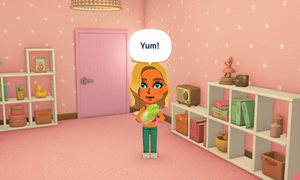 Tomodachi Life Living the Dream – postać Mii w pokoju podczas interakcji z jedzeniem