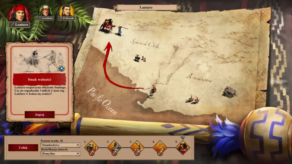 Mapa kampanii Lanceros w Age of Empires II: Definitive Edition – The Last Chieftains: historyczna mapa Ameryki Południowej z zaznaczonymi misjami (Lanceros, Spęd Owiec, Ararma), postacie wodzów, progres misji i ocean Spokojny. 