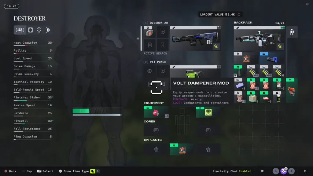 Zrzut ekranu z gry Marathon. Ekwipunek postaci.