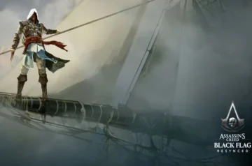 Dramatyczna grafika przedstawiająca Edwarda Kenwaya z gry Assassin's Creed Black Flag stojącego na pokładzie swojego okrętu, z widocznym na górze wielkim, stylizowanym tytułem w języku polskim: 'ASSASSIN'S CREED BLACK FLAG RESYNCED'.