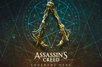 Logo Assassin's Creed zaplecione z suchych gałęzi, wiszące na tle mrocznego, świecącego kręgu z okultystycznymi runami. Na dole widnieje napis: „ASSASSIN’S CREED CODENAME HEXE”.