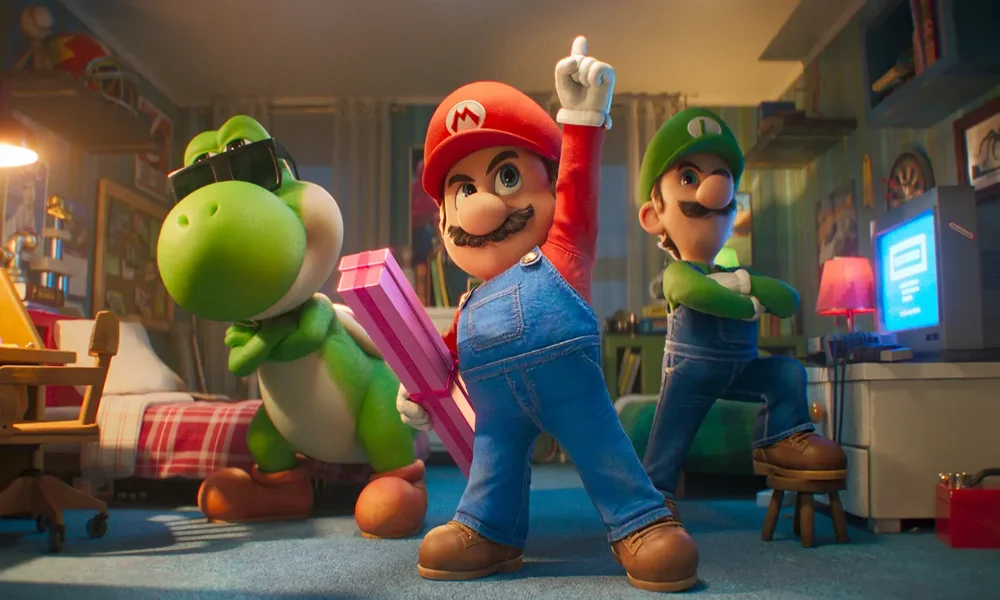 Mario, Luigi i Yoshi w scenie z filmu The Super Mario Galaxy Movie
