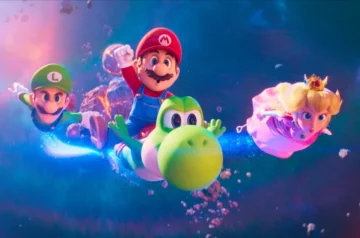 Mario, Luigi, Peach i Yoshi lecący przez kosmiczny świat w The Super Mario Galaxy Movie
