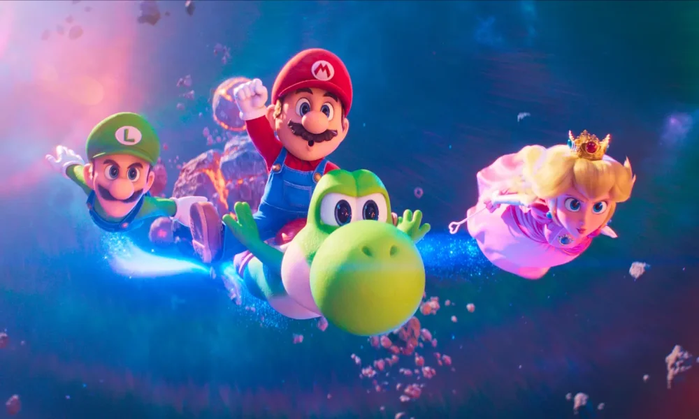 Mario, Luigi, Peach i Yoshi lecący przez kosmiczny świat w The Super Mario Galaxy Movie