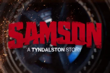Samson A Tyndalston Story – logo gry na tle eksplozji i iskier