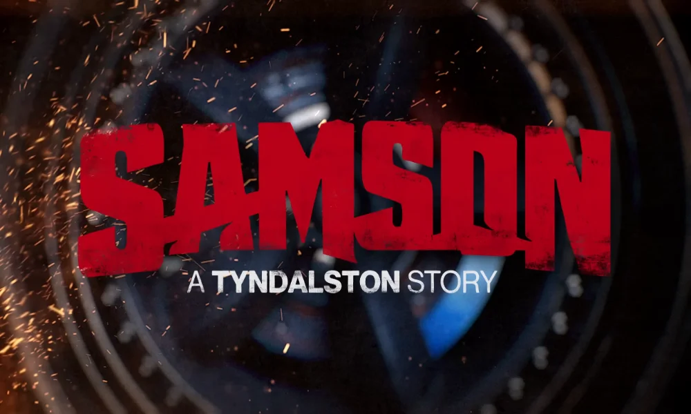 Samson A Tyndalston Story – logo gry na tle eksplozji i iskier