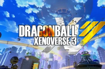 Oficjalne logo gry "DRAGON BALL XENOVERSE 3" w biało-pomarańczowej czcionce, ze smoczą kulą zamiast litery "O", umieszczone na tle futurystycznego miasta i jasnoniebieskiego nieba, z dużym stylizowanym symbolem i złotymi paskami po prawej.