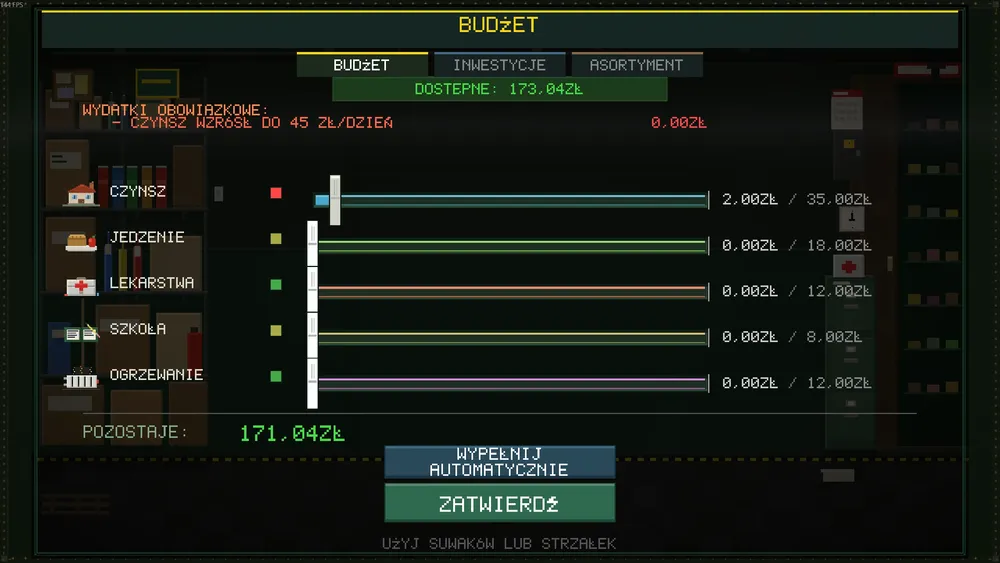 Menu gdzie po każdym dniu musimy ustalić domowy budżet