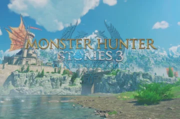 Logo Monster Hunter Stories 3 na tle zamku w Azurii