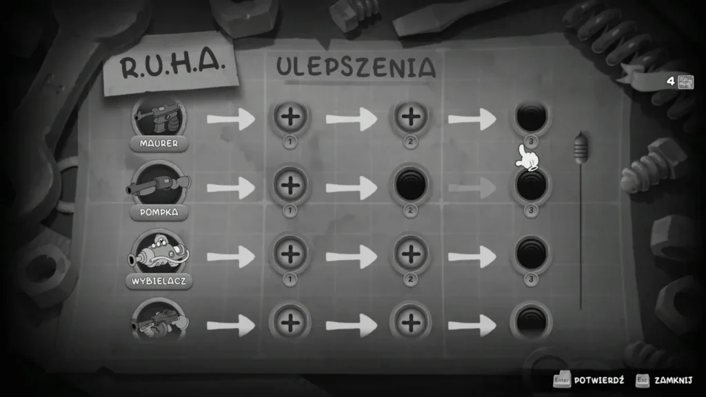 Ekran ulepszeń broni w Mouse P.I. For Hire z trzema ścieżkami rozwoju dla różnych typów uzbrojenia.