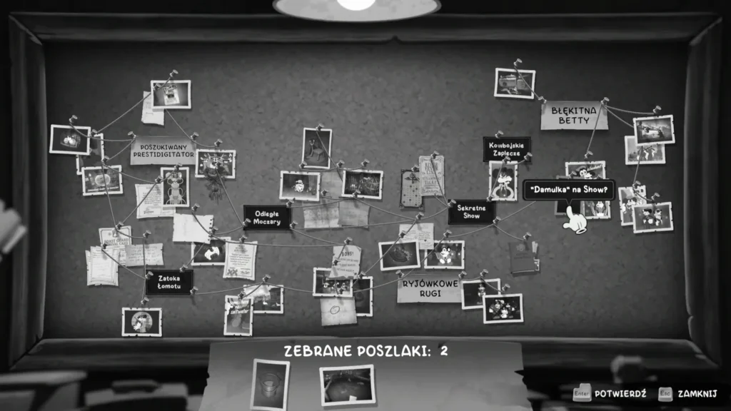 Ekran mapy połączeń zebranych poszlak w Mouse P.I. For Hire, z oznaczonymi lokacjami i licznikiem znalezionych tropów.