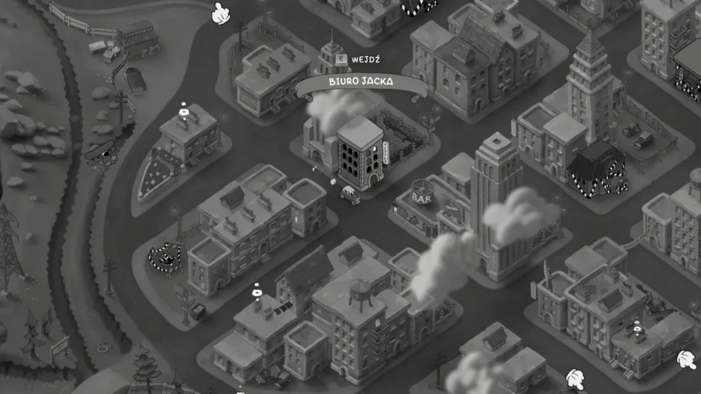 Mapa świata Mouse P.I. For Hire z widocznymi lokacjami, w tym biurem Jacka, barami i budynkami w stylu noir.