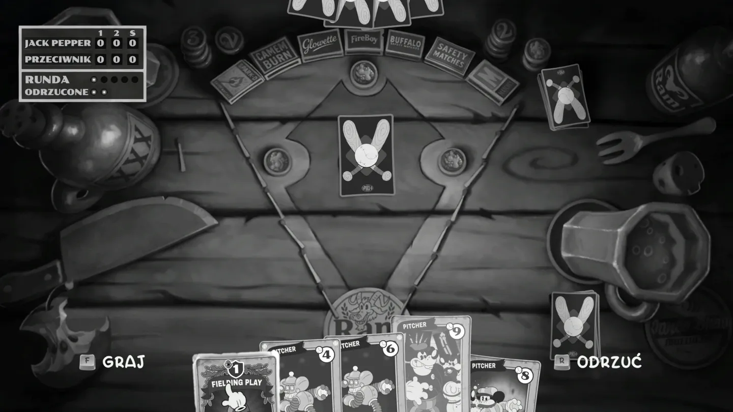 Ekran baseballowej minigry w Mouse P.I. For Hire z kartami do zagrania, licznikiem rund i przyciskami graj oraz odrzuć.