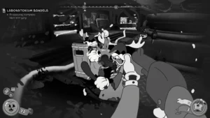 Dynamiczna walka w laboratorium Bandeli w Mouse P.I. For Hire z widocznymi efektami strzałów i celem przeszukania kompleksu laboratoryjnego.