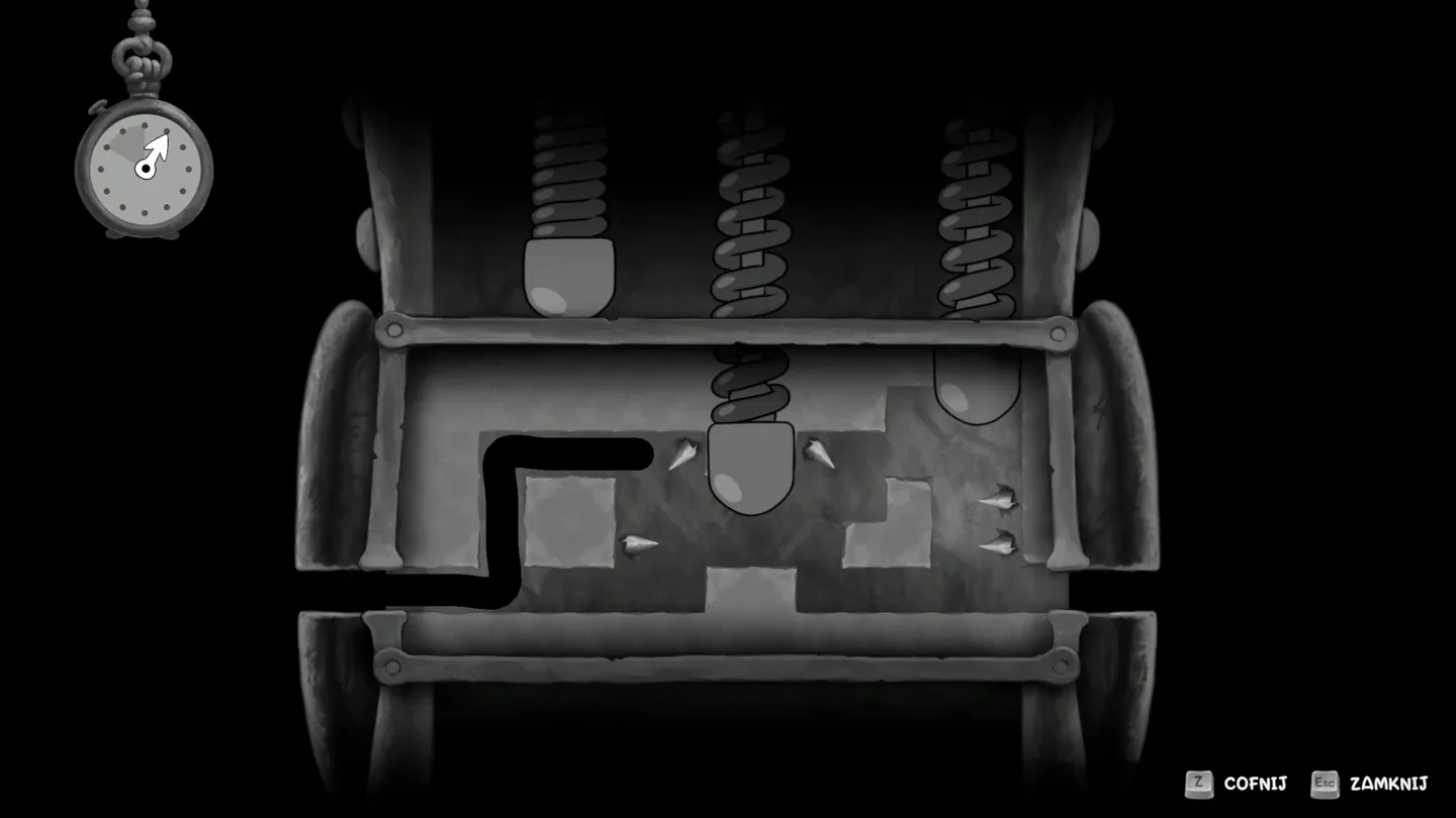 Ekran minigry z tworzeniem trasy w Mouse P.I. For Hire, z widocznym mechanicznym układem i zegarem w lewym górnym rogu.