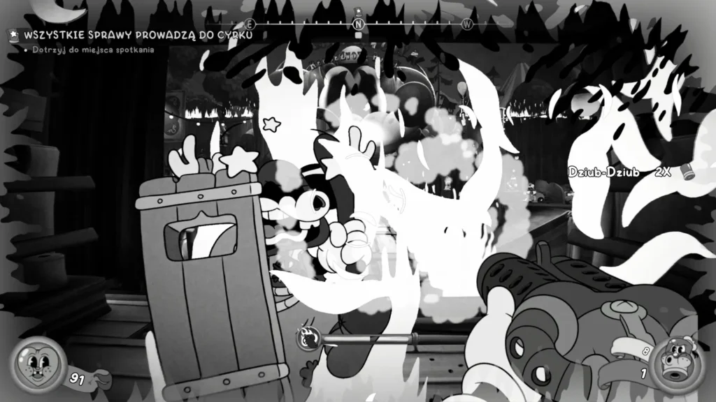 Fragment walki w Mouse P.I. For Hire z intensywnymi efektami specjalnymi i misją ‘Wszystkie sprawy prowadzą do cyrku’.