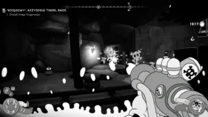 Fragment walki w korytarzach kopalni w Mouse P.I. For Hire, z użyciem kwasowej broni i celem misji ‘Księgowy, reżyseria Tinsel Bros.’.