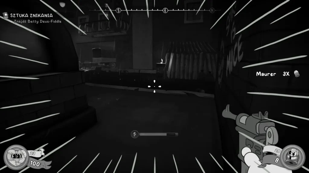 Widok z pierwszej osoby w Mouse P.I. For Hire podczas misji ‘Sztuka znikania’, z celem odnalezienia Betty Deux-Fiddle i bronią w dłoni.