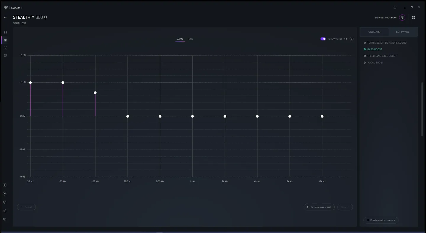 Zrzut ekranu equalizera w oprogramowaniu Swarm II dla Turtle Beach Stealth 600, z wykresem częstotliwości (od 32 Hz do 16 kHz), presetami jak Bass Boost i opcjami Game Mic.