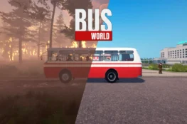 Oficjalna grafika promocyjna gry podzielona ukośnie na dwie części z dużym logo „BUS WORLD” na środku. Lewa, mroczna strona pokazuje stary, czerwono-biały autobus jadący przez płonący, zadymiony las, natomiast prawa, jasna strona przedstawia ten sam pojazd zaparkowany na czystym placu przed dużym, postsowieckim budynkiem.
