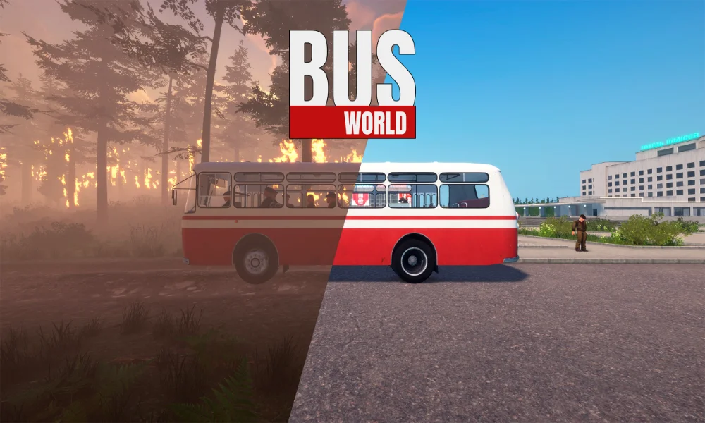 Oficjalna grafika promocyjna gry podzielona ukośnie na dwie części z dużym logo „BUS WORLD” na środku. Lewa, mroczna strona pokazuje stary, czerwono-biały autobus jadący przez płonący, zadymiony las, natomiast prawa, jasna strona przedstawia ten sam pojazd zaparkowany na czystym placu przed dużym, postsowieckim budynkiem.