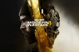 Oficjalna grafika promocyjna gry z serii Call of Duty. Przedstawia profil głowy żołnierza w czarnej czapce, która płynnie przechodzi w zardzewiałą, metalową maskę w kształcie czaszki. Przez środek kompozycji przebiega pionowy, złoty pas ukazujący widok z góry na miejską ulicę z neonami, a na pierwszym planie widnieje biały napis „CALL OF DUTY MODERN WARFARE” z żółtym znakiem graficznym.