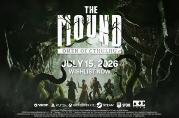 Plakat promocyjny gry „The Mound: Omen of Cthulhu” przedstawiający czwórkę bohaterów w mrocznej, porośniętej mackami jaskini. Widoczna data premiery: 15 lipca 2026 r.