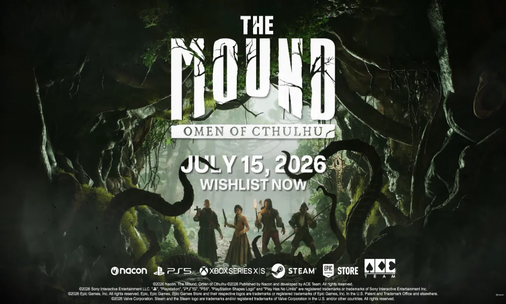 Plakat promocyjny gry „The Mound: Omen of Cthulhu” przedstawiający czwórkę bohaterów w mrocznej, porośniętej mackami jaskini. Widoczna data premiery: 15 lipca 2026 r.