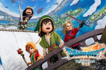 Kolorowa grafika promocyjna przedstawiająca czwórkę bohaterów w stylistyce anime, płynących statkiem o wielkim, białym żaglu. Na pierwszym planie widać postacie stojące przy drewnianej barierce, w tym chłopca w zielonym kapturze oraz blondyna z uniesionym mieczem, a w tle rozpościera się widok na błękitne morze, zielone wyspy i dryfujące po niebie chmury. W prawym dolnym rogu umieszczono oficjalne logo „DRAGON QUEST VII Reimagined”.