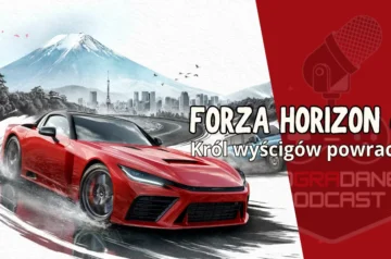 Miniaturka podcastu podzielona ukośnie na dwie części. Po lewej stronie widać czerwone, sportowe auto w kontrolowanym poślizgu, za którym rozpościera się panorama japońskiego miasta oraz pokryta śniegiem góra Fudżi. Po prawej stronie, na czerwonym tle z ikoną mikrofonu, umieszczono duże logo „POGRADANE PODCAST” oraz biały napis „FORZA HORIZON 6 Król wyścigów powraca”.