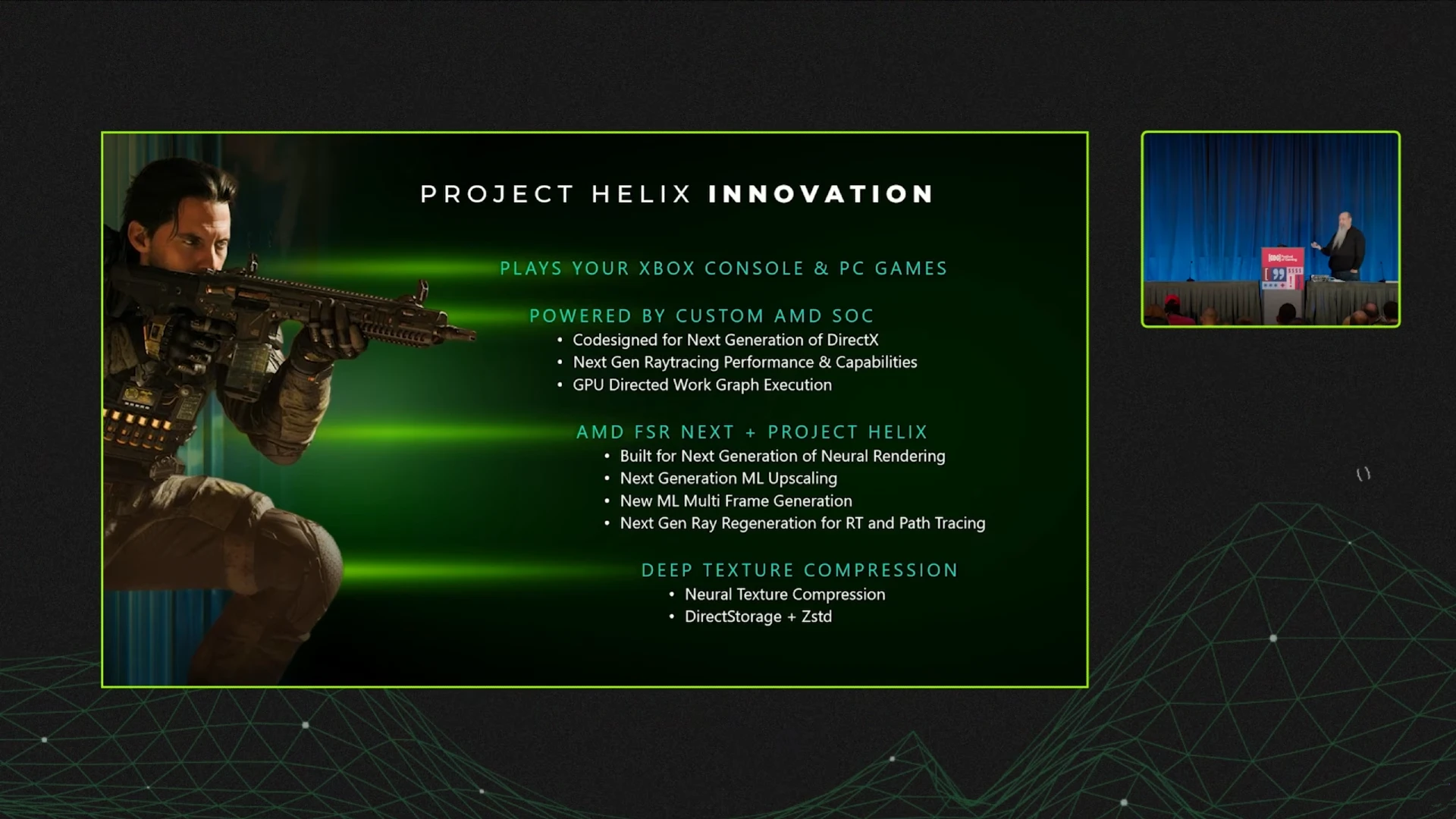Slajd z prezentacji zatytułowany „Project Helix Innovation”, przedstawiający kluczowe technologie dla gier Xbox i PC, takie jak niestandardowy układ AMD SOC, AMD FSR Next z funkcjami AI oraz Deep Texture Compression. W rogu widoczny jest prelegent na scenie.