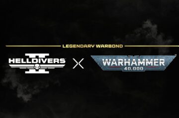 Oficjalna grafika zapowiadająca współpracę (cross-over) gier Helldivers 2 oraz Warhammer 40,000. Na czarnym tle z efektami dymu umieszczono białe logo „Helldivers 2” oraz charakterystyczne, metaliczne logo „Warhammer 40,000” połączone znakiem „X”. Nad nimi widnieje złoty napis „Legendary Warbond”.