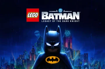 Plakat gry „LEGO Batman: Legacy of the Dark Knight” przedstawiający figurkę Batmana na tle deszczowego Gotham City.