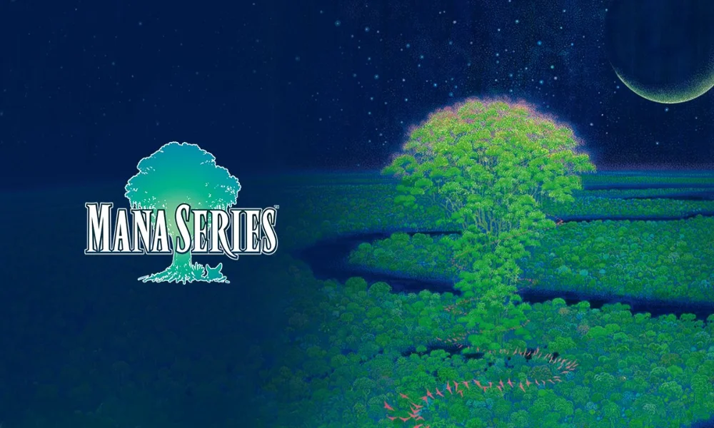 Oficjalna grafika z logo „MANA SERIES” umieszczonym po lewej stronie na ciemnoniebieskim tle. Po prawej stronie widać klasyczną, malarską ilustrację przedstawiającą gigantyczne, rozświetlone drzewo Mana wznoszące się nad zielonym lasem i zakolem rzeki, pod gwieździstym niebem z widocznym fragmentem księżyca.