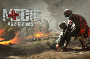 Główne logo gry Medic: Pacific War z sanitariuszem niosącym rannego żołnierza na tle zniszczonego pola bitwy z pożarami i dymem.