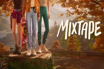 Trzy postacie stojące na dużym pniu drzewa w jesiennym otoczeniu górskim, z czego jedna trzyma pionowo deskorolkę; po prawej stronie widnieje duży, stylizowany napis „MIXTAPE”.