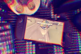 Artystyczne, neonowe zdjęcie z efektem aberracji chromatycznej, przedstawiające przenośną konsolę Nintendo Switch 2 z uruchomioną grą Mario Kart World na tle klawiatury mechanicznej.
